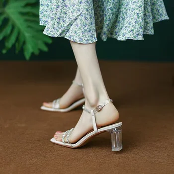 אופנה מזדמן שמנמן עקבים סנדלים לנשים 2023 קיץ אלגנטי חיצוני גבוה העקב נעלי קריסטל סנדלים מסיבה סקסית נעליים