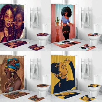 אישית נשים אפרו-אמריקאית אמבטיה וילונות סקסי יפה בחורה שחורה וילון מקלחת ערכת אמבטיה מחצלות, שטיחים לעיצוב הבית