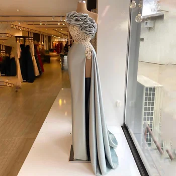 אלגנטי בתולת ים שמלות ערב כתף אחת קפלים אפליקציות גבוהה פיצול נשים ארוכה שמלת נשף סאטן צד שמלות בהזמנה אישית