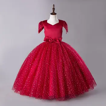 אלגנטי שמלה למסיבת עבור ילדה חרוזים שרוול רשמית אירוע שושבינה ילדים נשף חג המולד אדום טול שמלות נסיכה 12-14 שנים.