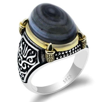 אמיתי 925 טבעת כסף גברית טבעית אגת אבן רטרו פאנק בסגנון וינטג ' ציפורן מזל חתונה/מסיבה תכשיטים טבעות תכשיטים יפים