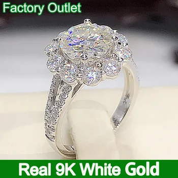 אמיתי 9K זהב לבן טבעת נשים אירוסין מסיבת הנישואין טבעת נישואין עגול Moissanite יהלום פרח לב 1 2 3 4 5 קרט