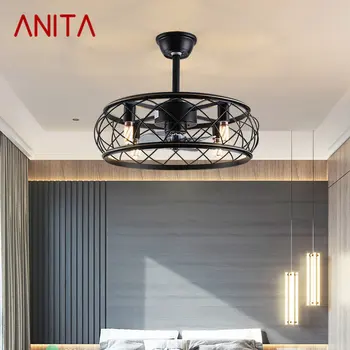 אניטה בסגנון אמריקאי, מאוורר תקרה מנורת שחור קלאסי רטרו LED עם תאורה שליטה מרחוק על הבית לחדר האוכל עיצוב חדר השינה