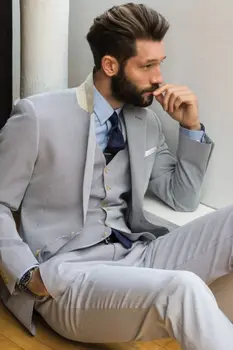אפור בהיר חליפות גברים דש שני כפתורים Terno Slim Fit חליפות בהתאמה אישית נישואין Homme (ז ' קט+מכנסיים+אפוד+עניבה+Handkerchiefes)