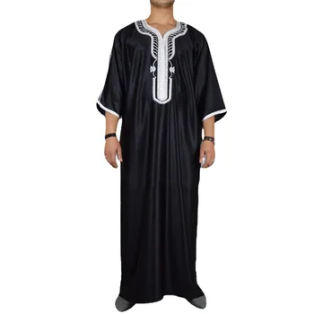 בגדי גברים של הזכר המוסלמים סטים אופנה רקום חלוק ארוך חולצה מקרית נוער שחור רגיל ערבית שמלת גבר