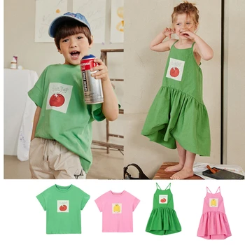 בייבי בנות שמלת הקיץ המותג הקוריאני 2022 ילדים חדשים חולצות תפוח ירוק כותנה קריקטורה תינוק ילדה בגדי הילדים לובשים חולצות Tees