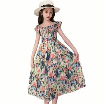 בנות שמלת הקיץ דפוס פרחוני שמלת לילדים הבחורה החדשה הילד שמלה מזדמן סגנון הבגדים בחורה 6 8 10 12 14