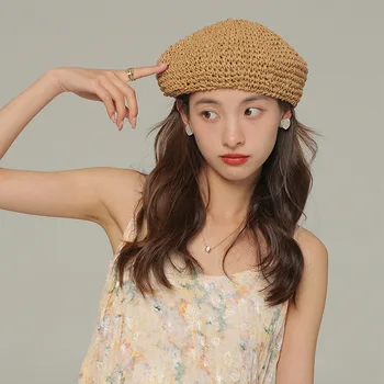 בציר כומתה כובע אופנה נשים מזדמנים קש אריגה כומתה כובע לנשים צרפתית אביב קיץ רטרו ביני כובעים חמים צבע מוצק