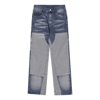 ג 'ינס גבר גבוה, רחוב רחב הרגל ישרה מצופים מולבן שרוט חופשי Oversize שטף קפלים מזדמנים מכנסיים ג' ינס