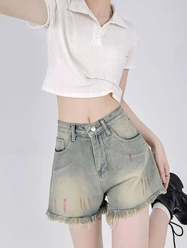 גבוהה המותניים נשים רטרו לשטוף ספלאש-דיו מכנסי ג 'ינס קצרים ציצית הדפסה עיצוב ג' ינס הנשי Harajuku אופנת רחוב 