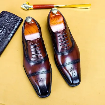 גברים אוקספורד Brogue אמיתיים נעלי עור שחור בורדו קלאסי בסגנון תחרה רשמי נעליים הראש מרובע המשרד נעלי אלגנט גברים
