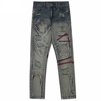 גברים היפ הופ אופנת רחוב מכנסי ג 'ינס רקמה נקרע חור מכנסי ג' ינס 2023 Harajuku כותנה רצים ג ' ינס מכנסי הרמון מכנסיים