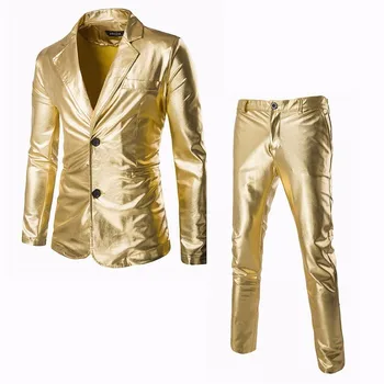 גברים הנוצץ זהב מצופה מתכת מתאים בלייזר (מעילי + מכנסיים) Slim Fit מועדון לילה סטים שמלת מותג בלייזר לבצע שלב תחפושות