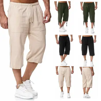 גברים כותנה, פשתן קצרים קיץ מזדמן שנות ה-עלייה שרוך כיסי מכנסיים קצוצים מוצק צבע רטרו רחב הרגל מכנסיים אופנת רחוב
