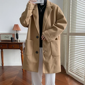 גברים קוריאני אופנה צמר מעיל 2023 חדש מעיל Mens אופנת רחוב יפנית, מעיל החורף Harajuku מעילי חאקי