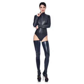 גודל פלוס 2 חלקים סט סקסי גבוהה חתך דמוי עור בגד נשים שרוול ארוך Catsuit אקזוטיים Clubwear עם גבוהים ירך גרביונים