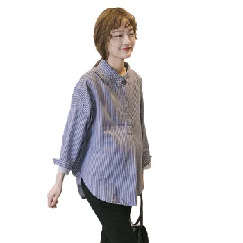 האביב והסתיו לידה ללבוש את הגירסה הקוריאנית חולצת פסים רופף גודל גדול מזדמן דש שרוולים ארוכים T0304