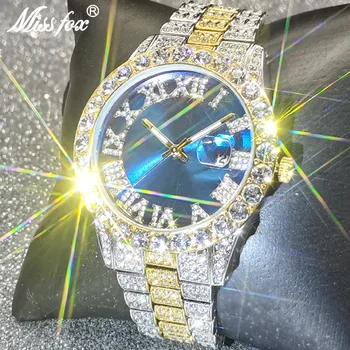 היפ הופ קלאסי חדש יוקרתי לגברים שעונים עגול כחול חיוג בלינג קוורץ שעון נוצץ תכשיטים עמיד למים Relogio Masculino