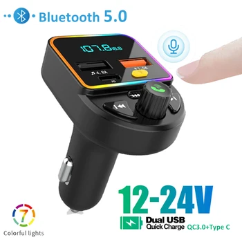 המכונית דיבורית Bluetooth 5.0 משדר FM אלחוטי לרכב נגן MP3 Dual USB מטען מהיר משטרת QC3.0 מטען לרכב עם מיקרופון המכונית ערכות