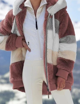 המעיל החם אישה החורף 2023 אופנה מוצק צבע רוכסן חופשי קטיפה צבעוניות עם שרוולים ארוך עם ברדס מעיל נקבה אופנת רחוב