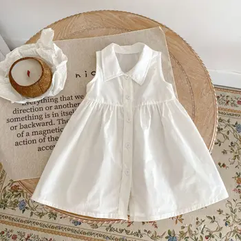 הקיץ התינוק שמלת ילדה Turn-למטה צווארון ללא שרוולים קרדיגן כותנה התחתונית החולצה עיצוב רב מוצק צבע החולצות.
