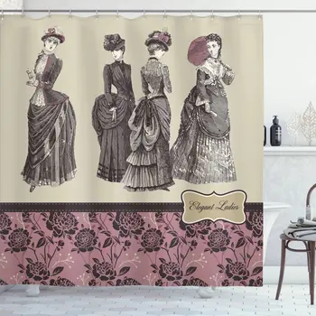 ויקטוריאני וילון המקלחת,גבירותיי בגדי אופנה ההיסטוריה השמלה תיק נוצה כפפות עיצוב פרחוני בסגנון הבארוק אמבטיה וילונות להגדיר