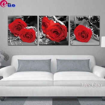 ורדים אדומים טיולים יהלום הציור הרומנטי 3 חתיכה/סט פרחים רקמה יהלום פסיפס עבור הסלון לעיצוב הבית