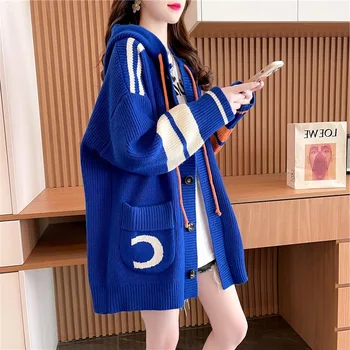 ורפוי עם ברדס סוודר נשים קרדיגן באורך בינוני קוריאנית 2023 חדש הסתיו והחורף רופף עיצוב לסרוג מעיל
