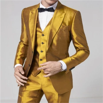 זהב עיצוב אופנה 3 חתיכות גברים חליפה רשמית אלגנטי בלייזר מבריק תוצרת אישית 3 חתיכות defacto homme (ז ' קט +מכנסיים +וסט)