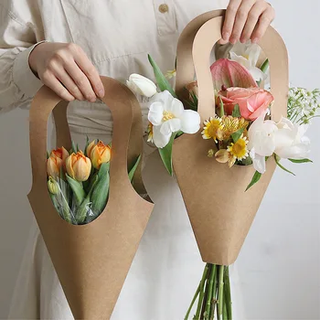 זר פרחים שקיות מתנה עם חלון שקוף פרחוני מתנות לארוז תיק עם ידיות פרחים זר שקיות נייר עבור החתונה.