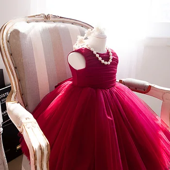 חג המולד בנות נסיכה שמלות עם חישוק אדום פרח שרוולים מסיבת חתונה טול שמלות רשמית Vestido ללא שרשרת