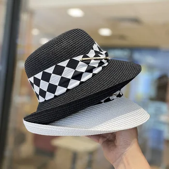 חדש הפבורן סגנון כובע קש נשים אלגנטיות קשת הצללה מתולתל קצה SunHat נקבה קיץ החוף כובע פנמה נסיעות נופש קאפ