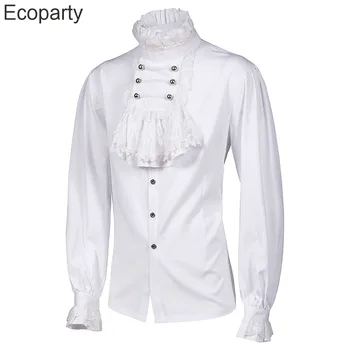 חדש לגברים של ימי הביניים ויקטוריה, הנסיך Cosplay חולצה לבנה עומד קולר קפלים פנס שרוול חולצה רטרו Steampunk מקסימום עבור גברים
