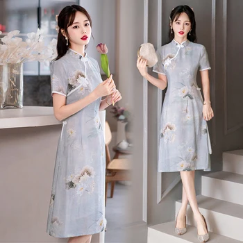 חדש מודרני צעיר מתוק שיפור צ ' יפאו Midi שמלה הסינית מסורתית בסגנון אתני האופנה שרוול קצר Cheongsam