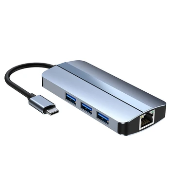 חדשות-6-In-1 USB C רכזת תחנת עגינה מסוג C רכזת USB USB3.0 RJ45 1000Mbps SD קורא כרטיסי TF משטרת 100W HDMI מטען תואם