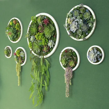 חיקוי צמחים צורה עגולה רקע הקיר תלויה השעיה צמחים בשרניים בעבודת יד מזויפים צמחים ירוקים לקישוט הבית
