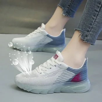 חם חדש בסגנון נשים נעלי ספורט סרוגים רשת נעליים לבנות בנות חיצונית הליכה נעלי ריצה נוחות מזדמנים תחרה Vulcanize הנעל