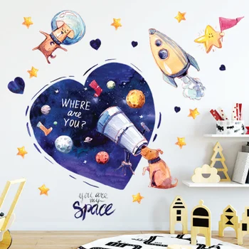 טלסקופ החלל כלב הכוכב המצויר מדבקת קיר הסלון ילד בחדר רקע קישוט עיצוב פוסטר