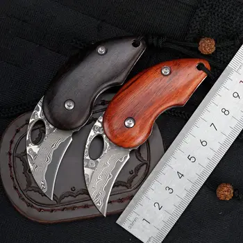 ידית עץ מיני קיפול Kinife קשיות גבוהה דמשק כיס סכינים עם נרתיק עור עבור גברים קופסת מתנה חיצונית כלי מחזיק מפתחות