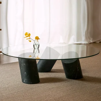 יוקרה בסלון שחור משיש טבעי עיצוב יצירתי עגול מודרני זכוכית מחוסמת העליון הסיטוניים אישית שולחנות קפה