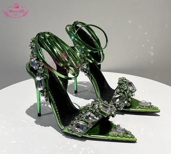 יוקרה יהלומים מלאכותיים פרדות סנדלי נשים מעור רצועת קרסול משאבות נשים נעלי מחודדות קריסטל מסיבת פגיון נעלי אישה