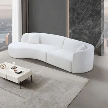 יוקרה מודרנית סגנון הסלון ריפוד ספה מעוגלת עם מיטת השיזוף 2-Piece סט, יד ימין מול חתך, Boucle הספה, לבן