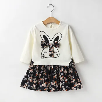 ילדה מצוירת ארנב פרח הדפסה שמלת נסיכה עם קשת האביב ילדים כותנה בגדים לילדים מסיבת חולצות שמלות לנערות