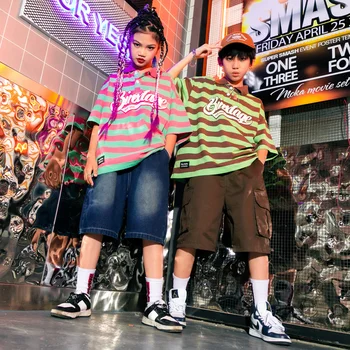 ילדים היפ הופ בגדי הסוואה Oversize פס חולצת טי מקסימום מזדמן ברחוב ללבוש דגמ 