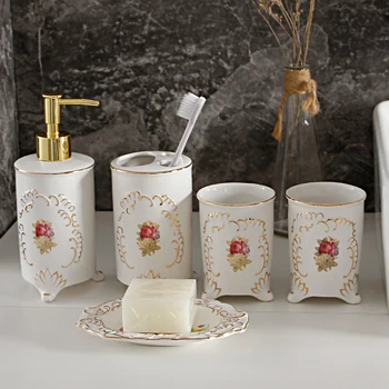 יצירתי האמבטיה לשטוף סט חמישה חלקים הזהב לדחוף סוג בקבוק קרם שטיפת פה כוס סבון כלים מקלחת אביזרים Soap Dispenser