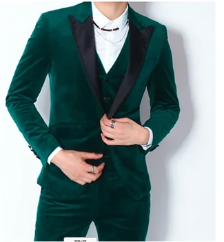 ירוק כהה קטיפה Slim fit חליפות גברים לנשף 3 חתיכה שחורה לשיא דש חתונה החתן טוקסידו מותאם אישית בנאדם אופנה בגדים להגדיר