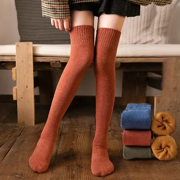 כותנה הברך גבוה גרביים לנשים חורף חם קלאסי סריגה מעל הברך צינור ארוך גרבי יפנית מוצק רך גרבי ברך