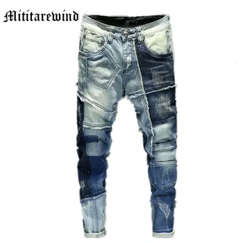 כחול טלאים במצוקה לשטוף שיק בסגנון אמריקאי גברים מכנסי ג 'ינס היפ הופ מזדמן רזה ישר Y2k ג' ינס דק זכר את המכנסיים.