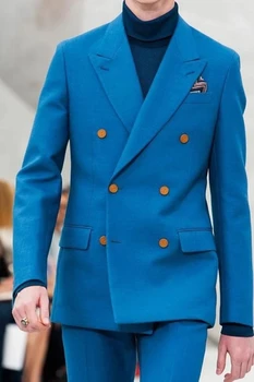 כחול רחב שיא דש תחפושת Homme חליפות גברים חתן ללבוש טוקסידו לחתונה Terno Masculino Slim Fit 2 חתיכות בלייזר(ז ' קט+מכנסיים)