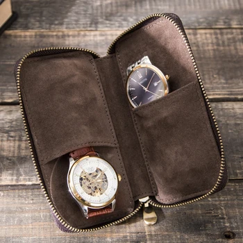 כפרי עור 2-חריץ קופסת השעון יוקרה כיס עם רוכסן נייד ארגונית מחזיק תיק נסיעות לצפות כיסוי מגן התיק